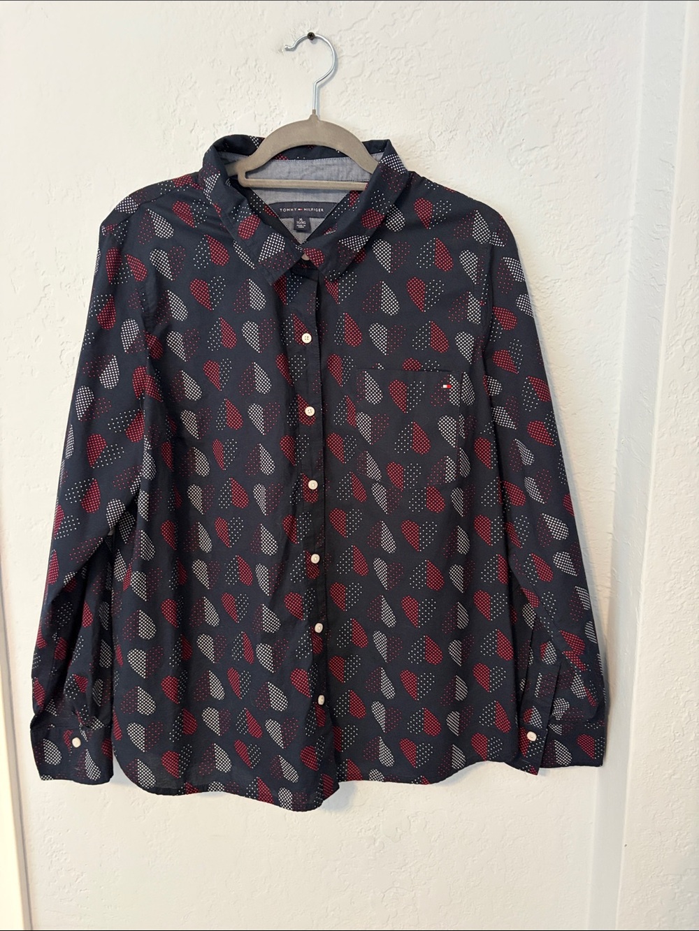 Men’s Tommy Hilfiger Navy Button-Down Shirt with Red & Gray Heart Pattern